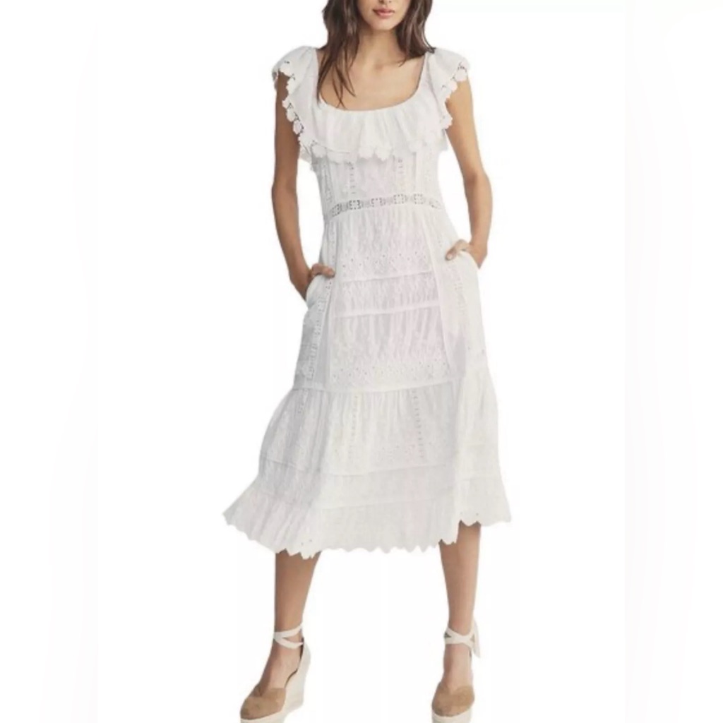 Loveshackfancy Faustine Off White Midi Embroidery Detail Dress Size: 2